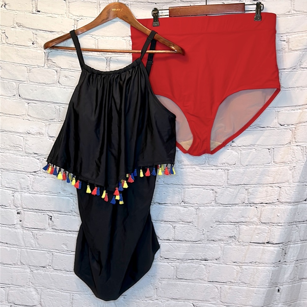 Swim By Cacique Red & Black Tassel High Waisted Tankini Swimsuit Set Size 18